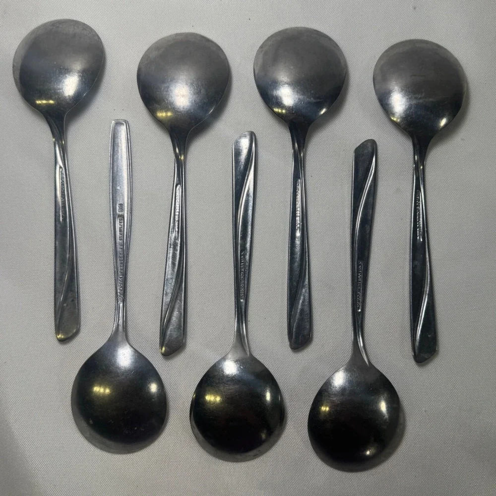 7 Vintage Insico Stainless USA Monte's Soup Spoons Round Bowl Restaurant Ware